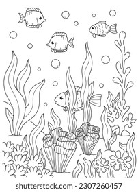 Black and white page for baby coloring book. Illustration of cute fishes swimming underwater. Printable for kids. Worksheet for children and adults. Hand-drawn vector image. Fish coloring pages.