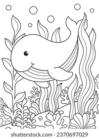 Black and white page for baby coloring book. Illustration of cute whale swimming underwater. Printable for kids. Worksheet for children and adults. Hand-drawn vector image. Fish coloring pages.