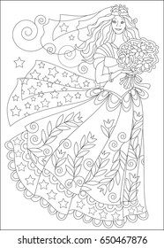 Black and white page for coloring. Beautiful girl in elegant wedding dress. Worksheet for children and adults. Vector image.