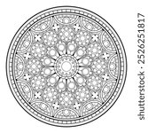 Black and white page for coloring book. Drawing of Gothic rose. Stained glass window from Cathedral of Our Lady of Chartres. Medieval architecture in western Europe. Vector illustration.