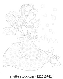 Black and white page for coloring book. Fantasy drawing of beautiful fairy speaking with bird. Worksheet for children and adults. Vector image.