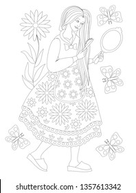 Black and white page for coloring book. Fantasy drawing of beautiful girl combing hair. Worksheet for children and adults. Hand-drawn vector image on computer by graphic tablet.