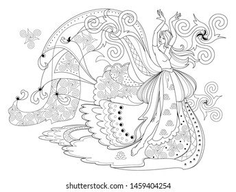 Black and white page for coloring book. Fantasy drawing of dancing Celtic girl in beautiful dress. Pattern for modern print, embroidery, decoration. Hand-drawn vector image.