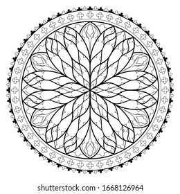 Black and white page for coloring book. Fantasy drawing of beautiful Gothic rose window with stained glass. Medieval architecture in western Europe. Worksheet for children and adults. Vector image.