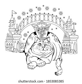 Black and white page coloring book. Fantasy illustration of wonderland cat and his kingdom. Print for fabric and kids fairy tale. Worksheet for drawing and meditation for children and adults.