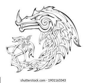 Black and white page for coloring book. Fantasy illustration of dragon. Animal from ancient legend with Celtic knot decoration. Print for fabric, logo and tattoo. Sheet for drawing and meditation.