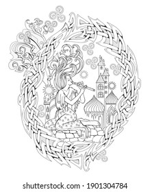 Página en blanco y negro para el libro de colorear. Fantasía hada tocando la flauta. Ilustración de leyenda antigua. Decoración de nudos celtas. Imprimir para tela, logotipo, tatuaje. Hoja de dibujo y meditación.