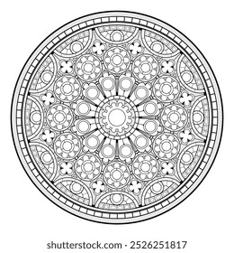 Página em preto e branco para livro de colorir. Desenho da rosa gótica. Vitral da Catedral de Nossa Senhora de Chartres. Arquitetura medieval na Europa Ocidental. Ilustração vetorial.