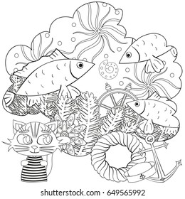 Black and white page for coloring book in doodle style. Vector elements for design. Good for art therapy, zentangle-style meditation and design of wrapping and textile.