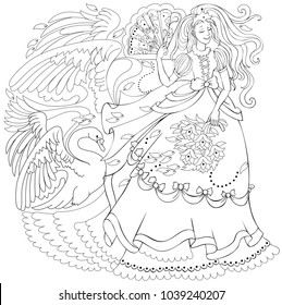 Black and white page for coloring. Drawing of fairy holding fan and fairyland swan. Worksheet for children and adults. Vector image.