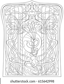 Black and white page for coloring. Drawing of beautiful window with stained glass in Art Nouveau style.  Worksheet for children and adults. Vector image.