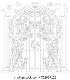 Black and white page for coloring. Fantastic drawing of gate from a fairy tale. Worksheet for children and adults. Vector image.