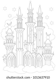 Black and white page for coloring. Fantasy drawing of Arab castle from a fairy tale. Worksheet for children and adults. Vector image.
