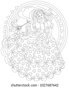 Black and white page for coloring. Fantasy drawing of beautiful fairy holding magic wand. Worksheet for children and adults. Vector image.