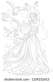 Black and white page for coloring. Fantasy drawing of beautiful girl dancing tango at the seaside. Worksheet for children and adults. Vector image.