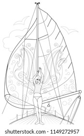 Black and white page for coloring. Fantasy drawing of beautiful fairy dancing tango on a board of sailboat. Worksheet for children and adults. Black and white vector image.