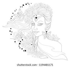 Black and white page for coloring. Fantasy drawing of woman portrait with fashionable hairstyle. Advertising poster for hairdresser. Worksheet for children and adults. Vector image.