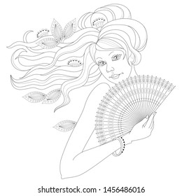 Black and white page for coloring. Fantasy drawing of lady with fan. Portrait of woman with fashionable hairstyle. Pattern for modern print, embroidery, Henna, Mehndi, tattoo, decoration. Hand-drawn.