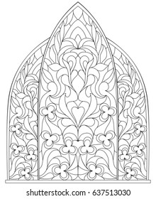 Black and white page for coloring. Fantasy drawing of beautiful Gothic windows with stained glass in medieval style.  Worksheet for children and adults. Vector image.