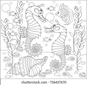 Black and white page for coloring. Fantasy drawing of underwater life with two seahorses. Worksheet for children and adults. Vector image.