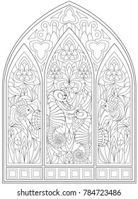 Black and white page for coloring. Fantasy drawing of beautiful Gothic windows with stained glass in medieval style.  Worksheet for children and adults. Vector image.