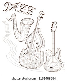 Black and white page for coloring. Set of musical instruments. Poster for print. Advertising of Jazz concert. Worksheet for children and adults. Vector image.
