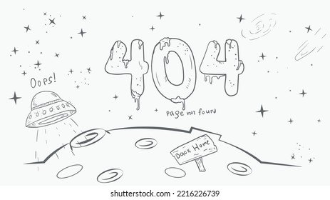 a black and white page for the design of a web application, error 404 large numbers on the background of a planet and a ufo drawing in the style of a doodle