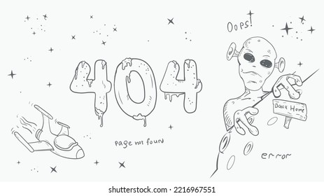 a black and white page for the design of a web application, error 404 big numbers a big alien looks out from behind the planet a doodle style drawing