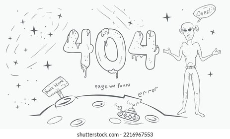 eine schwarz-weiße Seite für das Design einer Web-Anwendung, Fehler 404 große Zahlen, ein Alien wirft die Hände, nicht verstehen eine Zeichnung im Stil eines Doodle