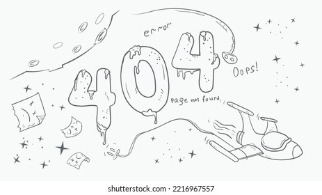 black and white page for the design of the web application, error 404 big numbers space shuttle carries cable drawing in the style of a doodle