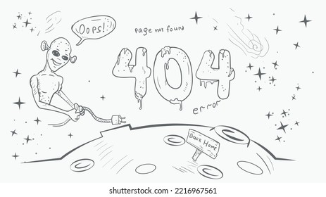black and white page for the design of the web application, error 404 big numbers ninoplyanetyanin pulls the cord drawing in the style of a doodle