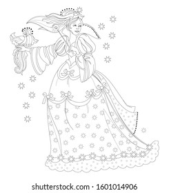 Black and white page for kids coloring book. Fantasy drawing of beautiful medieval princess with magic wand and bird. Pattern for modern print, embroidery, decoration. Hand-drawn vector image.