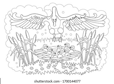 Black and white page for kids coloring book. Illustration of flying swan and nest with babies. Worksheet for children and adults. Modern print for fashion, embroidery, decoration. Hand-drawn vector.