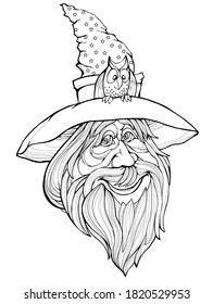 Black and white page for kids coloring book. Fantasy drawing of cute old wizard from fairyland. Print for fashion, beauty, embroidery, decoration, tattoo. Developing children skills for painting.