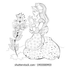 Black and white page for kids coloring book. Illustration of beautiful princess looking at blooming flower. Fantasy fairy playing in spring garden. Sheet for drawing and meditation for children.