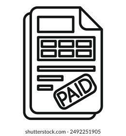 Black and white paid invoice icon illustration in flat design vector graphic for finance, billing, and receipt payment business with stamp and label accounting paperwork