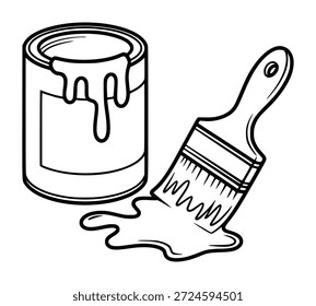 Blanco y negro de una lata de pintura con pintura goteante y un líquido de pincel