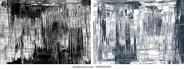 Black white paint, canvas texture backgrounds, modern abstract backdrop designs. Rough textured brush strokes painting, vector artworks set