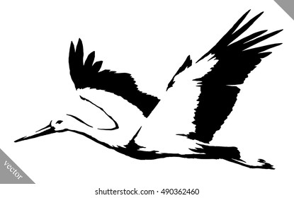 black and white paint draw crane bird vector illustration