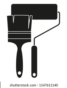 Black and white paint roller and brush silhouette. Supply for art drawing and construction work Handyman tool vector illustration for icon, stamp, patch, label, badge, certificate or flayer decoration