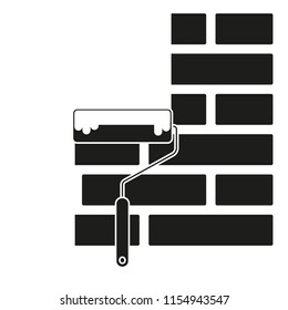 Black and white paint roller on brick wall silhouette . Handyman tool for home repair. Construction themed vector illustration for icon, sticker, patch, label, badge, certificate or flayer decoration