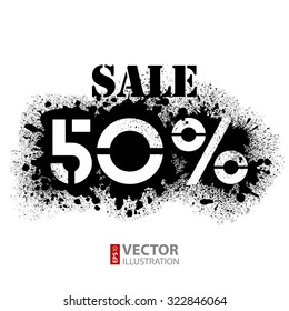 Black and white paint splatter stencil text SALE 50% on white background. RGB EPS 10 vector illustration