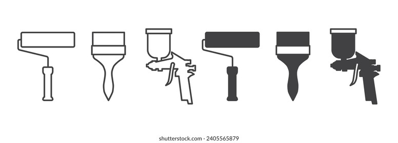 Conjunto de iconos de la herramienta Pintura en blanco y negro. Iconos del pintor de rodillos. Dibujar herramientas e ilustración vectorial de pincel. Símbolo de decoración y arte.