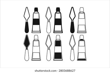 Black and white paint tubes and palette knives on white isolated on transparent background
