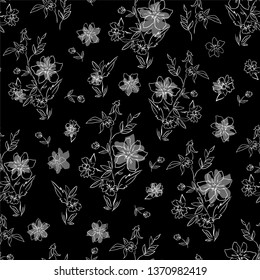 Black white painted flowers background. textile design