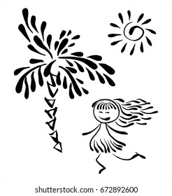 Black and white painted nature and character. The girl runs past the palm tree. The sun is shining. Made after the brush with ink. Simple elements for your design