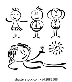 Black and white painted people. Girl sings, the man is, man in a tie, the person with a question mark. Made after the brush with ink. Simple characters for your design
