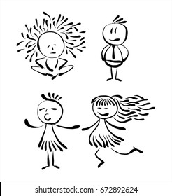 Black and white painted people. The girl sings, the woman is running, the man in the tie, the person is sitting and doing yoga. Made after the brush with ink. Simple characters for your design