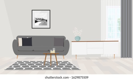 Black and white painting on empty wall of cozy living room interior