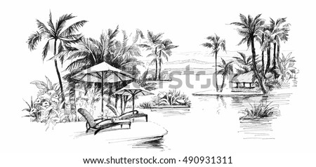 Black and white painting Palm alley vector illustration